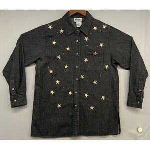 VTG‎ Quacker Factory Denim Button Shirt M-Black-Embroidered Gold Stars Texas 4th